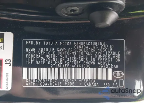 2010 Toyota Corolla S из США, поврежденный, VIN 2T1BU4EE1AC461336